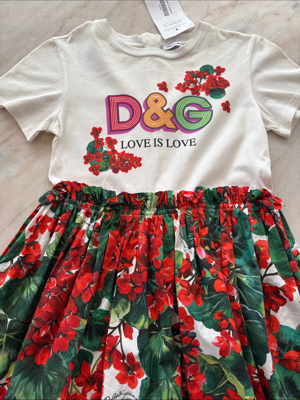 Dolce & Gabbana White Dress with Red & Green Floral Skirt